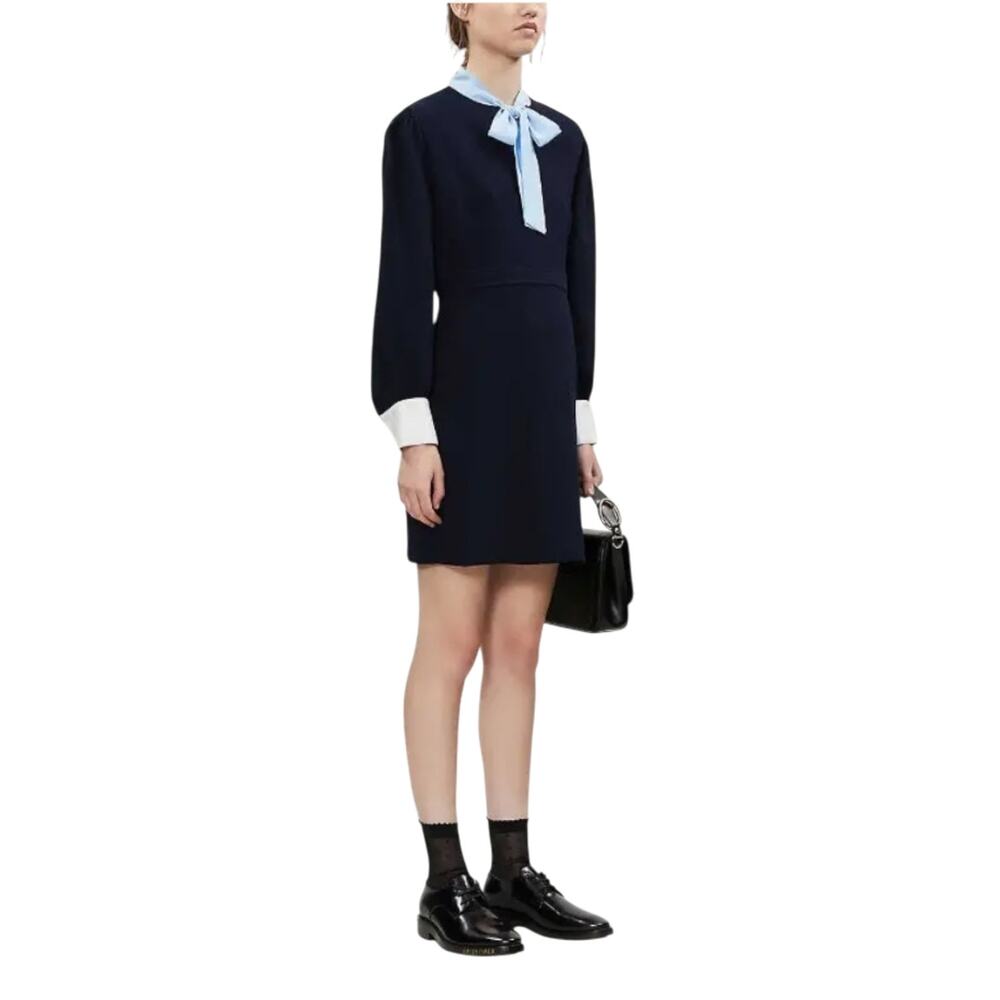 Sandro Blue Contrast Lavalier Bow Crepe Mini Shirt Dress